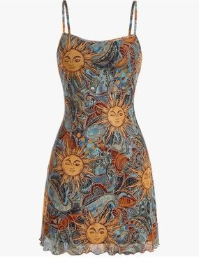 SHEIN Blue and Gold Celestial Sun Print Mini Dress